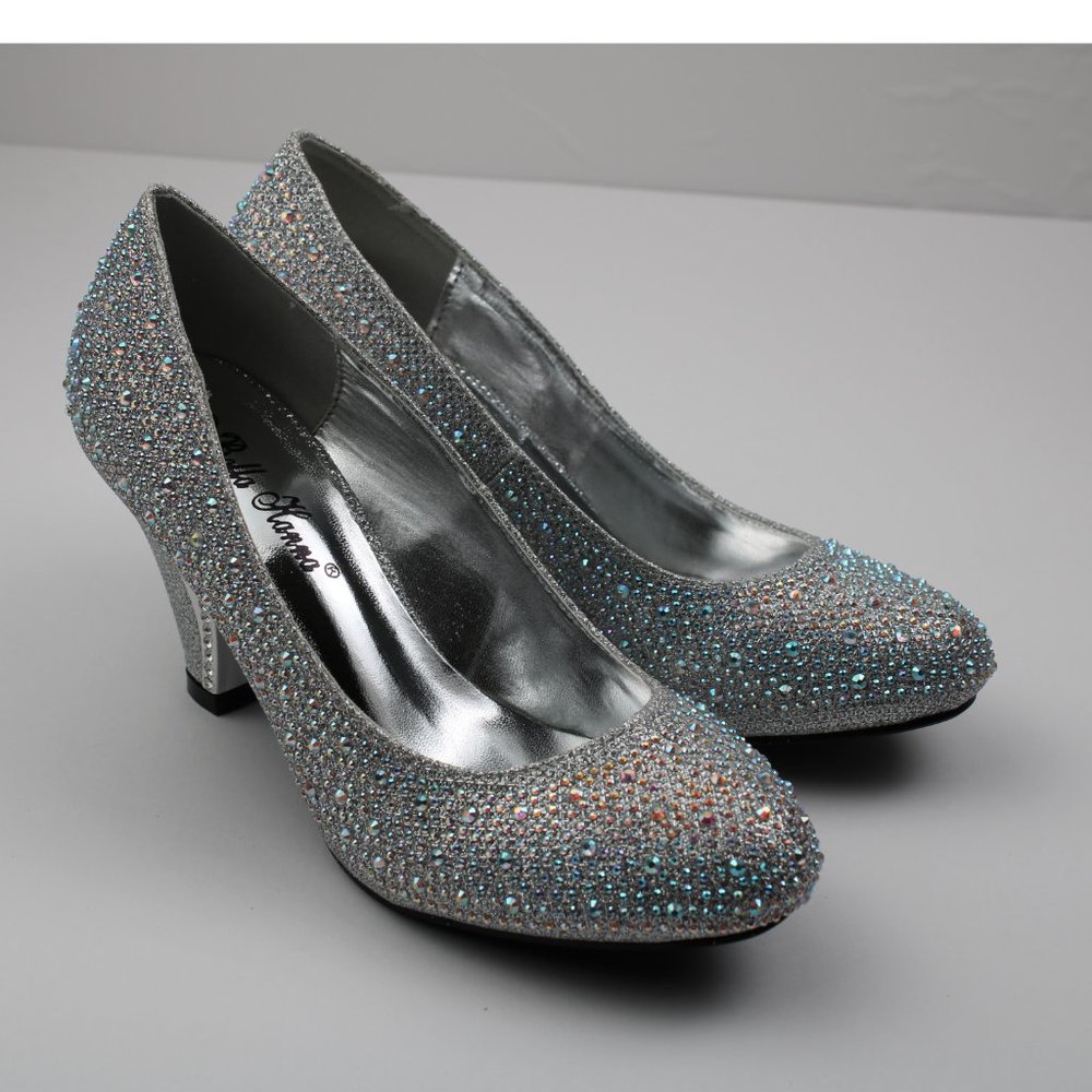 🔥 Women's Low Heel Rhinestone Silver Knit Round Toe Low Heel Pump Shoe Dressy - Picture 6 of 9